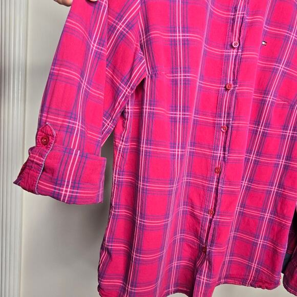 Tommy Hilfiger Pink Plaid Collared Long Roll-Tab Sleeves Button Front Size M - Picture 5 of 10